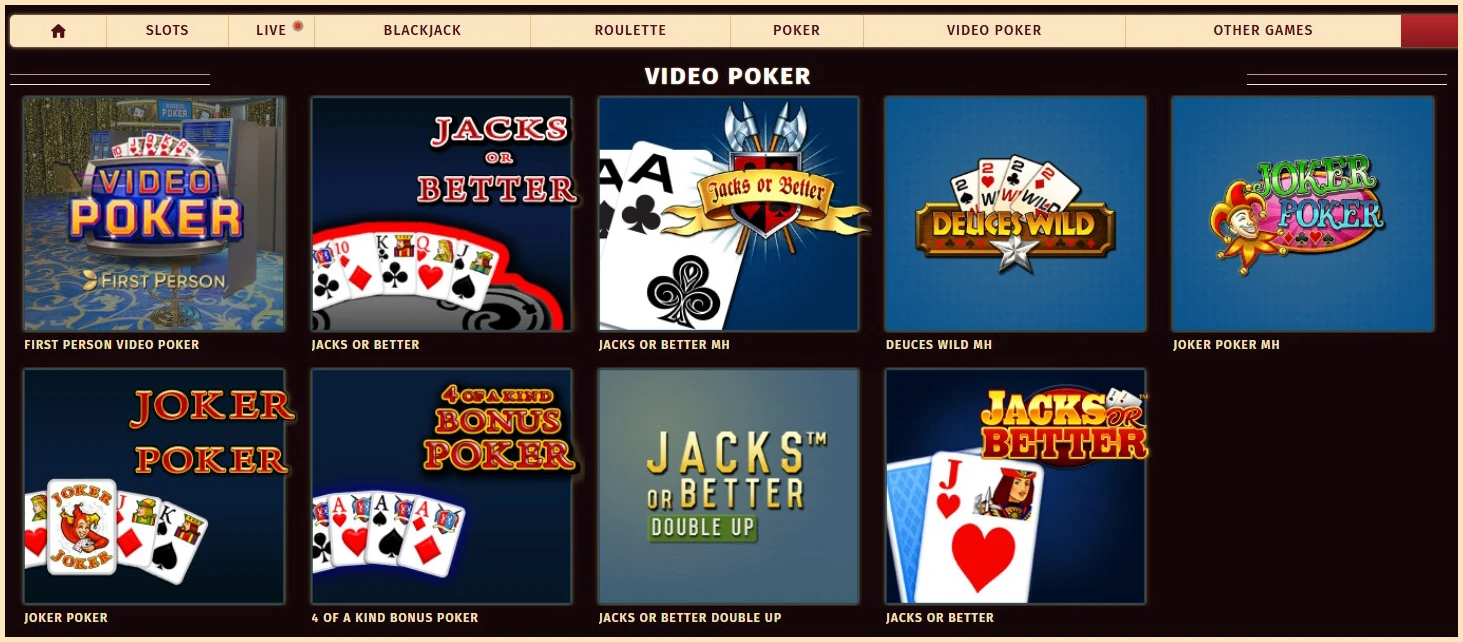 Jeux de vidéo poker proposés par Tropezia Palace